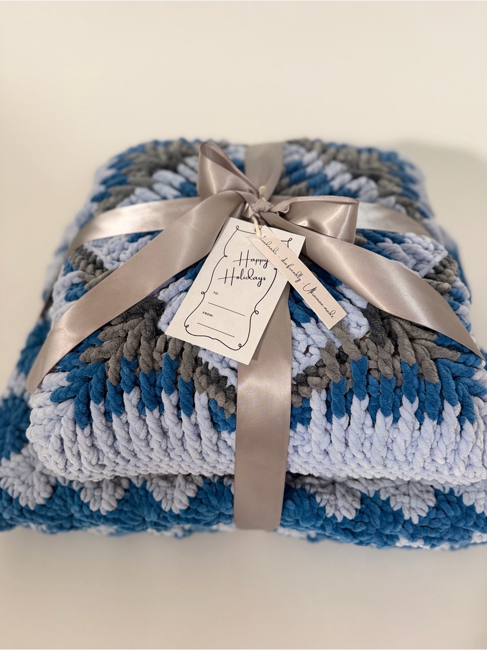 Plush Crochet Throw Blanket & Pillowcase - Blue & Gray - Handmade Giftset